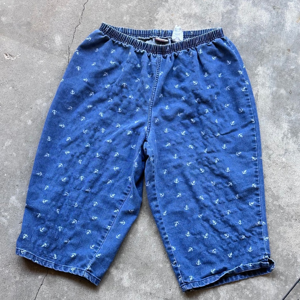 Anchor Print Coastal Beachy Sailor Denim Capri Pants Womens 1X Blue